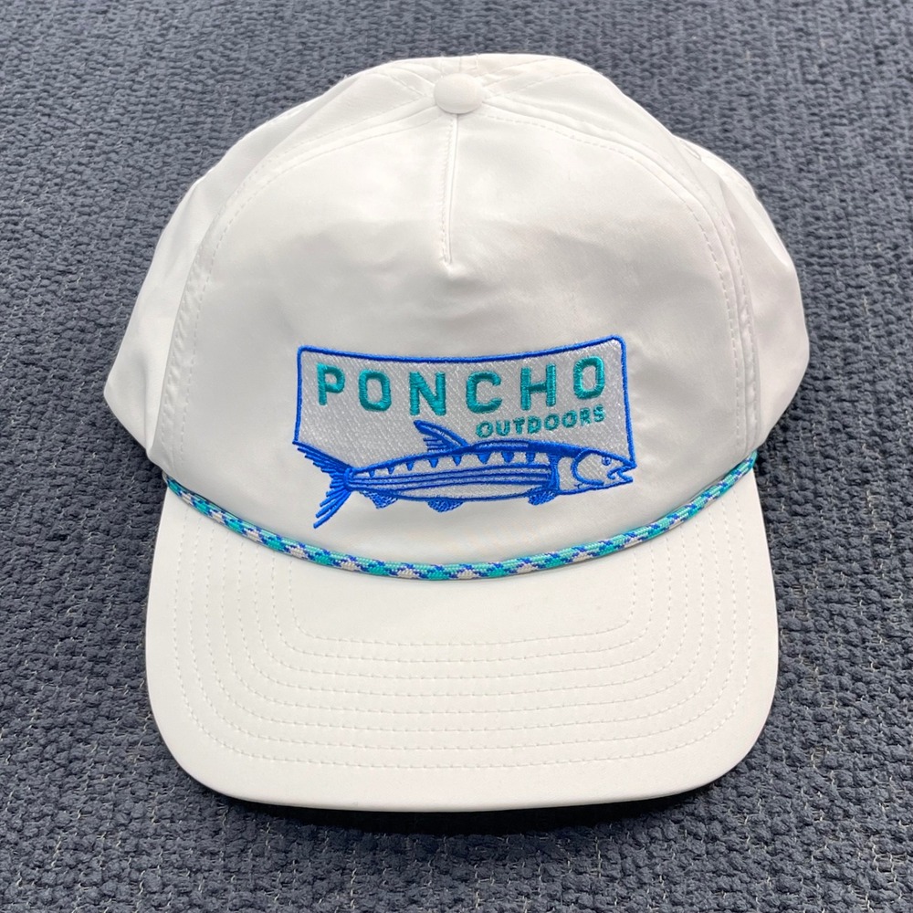 Poncho Outdoors Mens White Performance Rope Hat Fish Logo Snapback Cap